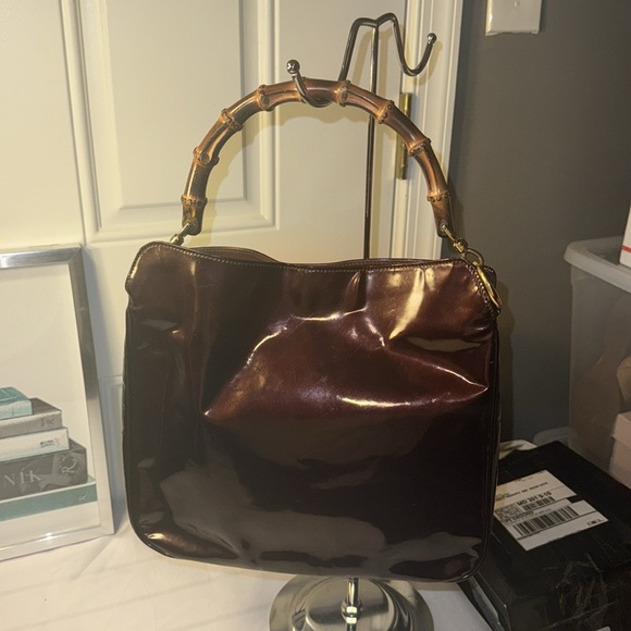 GUCCI Medium Diana Bamboo Handle Chocolate Enamel Leather Women Shoulder Bag GUC - Picture 5 of 15